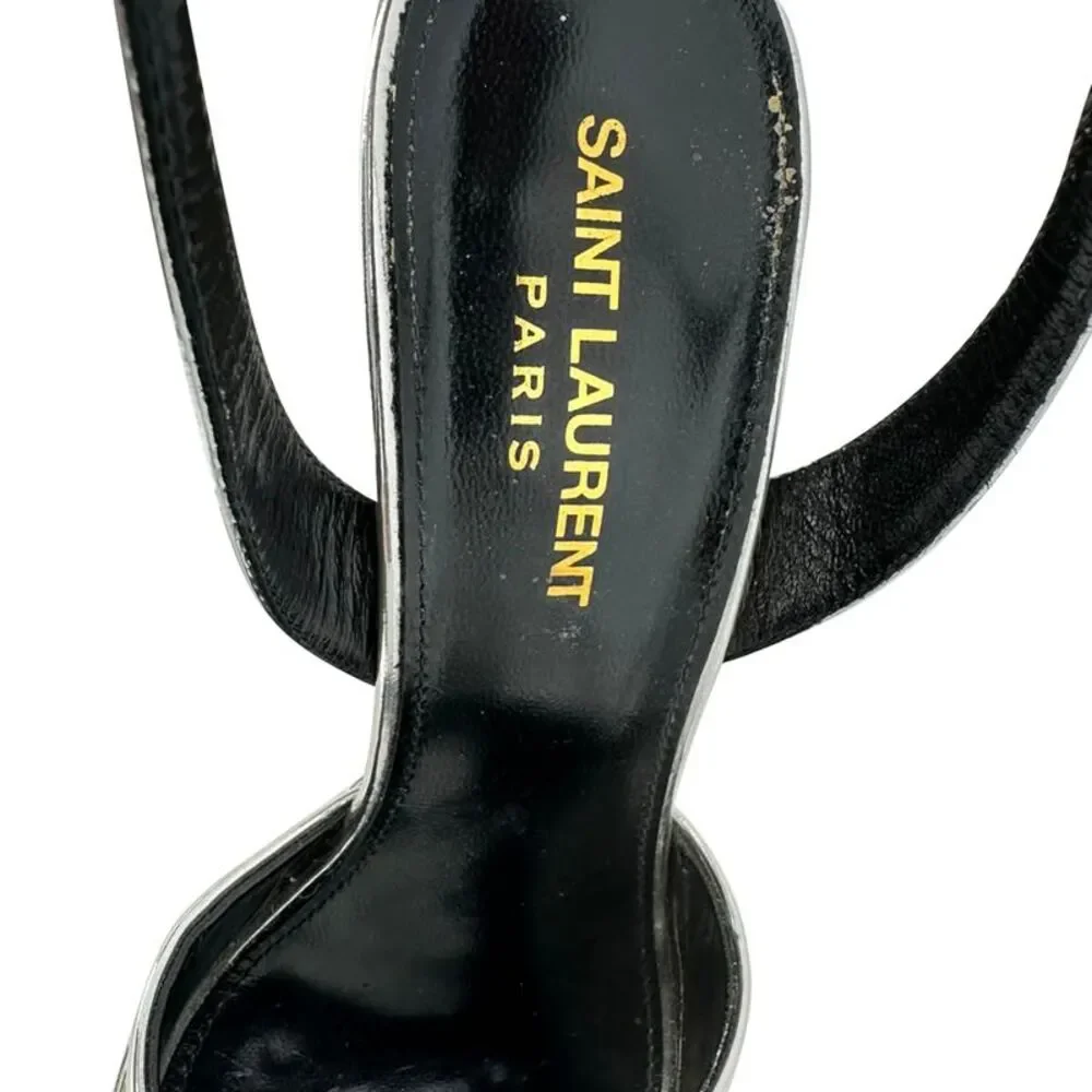 Saint Laurent Jodie Platform Sandals in Metallic Silver Patent Leather